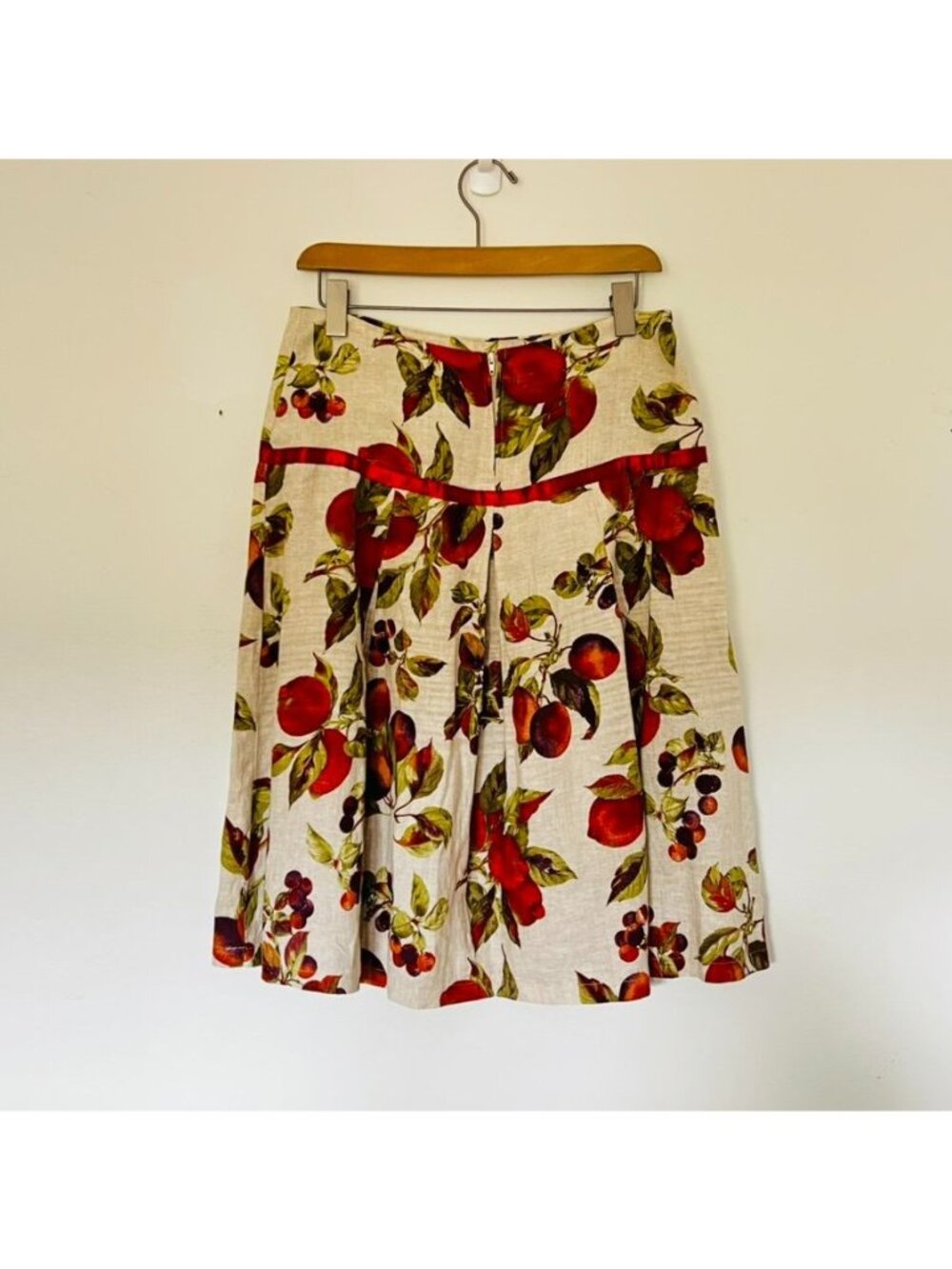 Cottagecore Fruit Print Linen Pleated Skirt Fairy Coquette Ribbon Waist Small - Picture 4 of 9